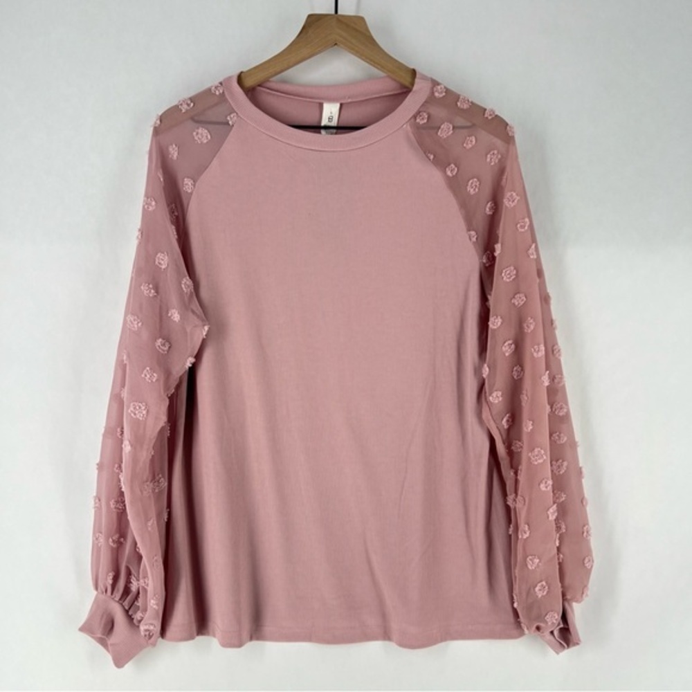Petal Pink Lightweight Stretch Ribbed Knit Chiffon Swiss Dot Balloon Sleeve‎ Top
